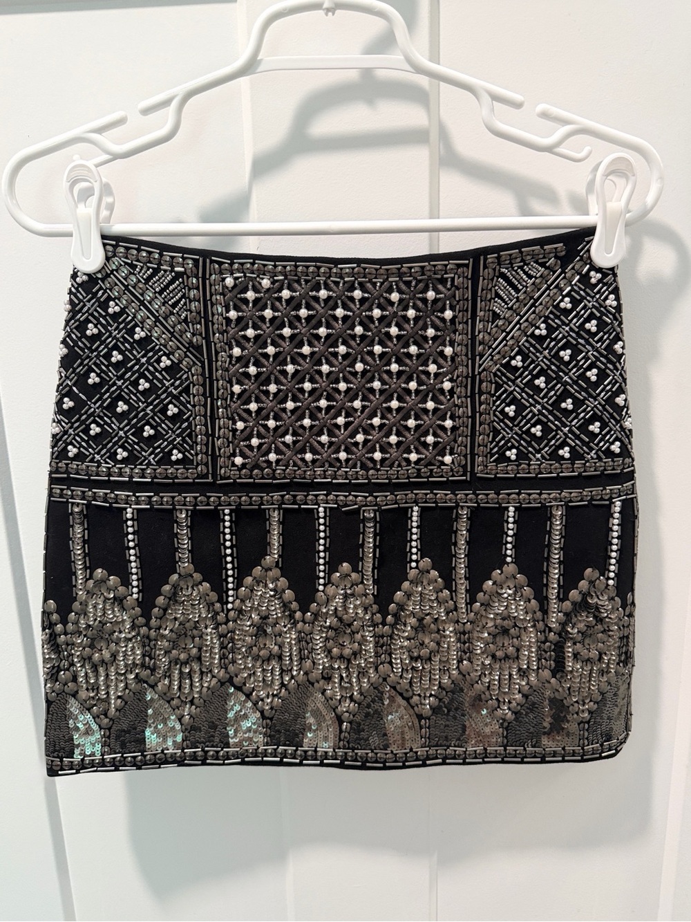 Club Monaco Hand Embellished Black Skirt w/ Pearls and Sequins
